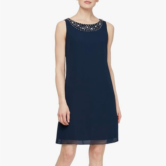 Women’s Formal Dress Sz 14 Navy Chiffon Beaded Long Sleeve 2-Pc Jacket Dress NWT - Picture 3 of 5